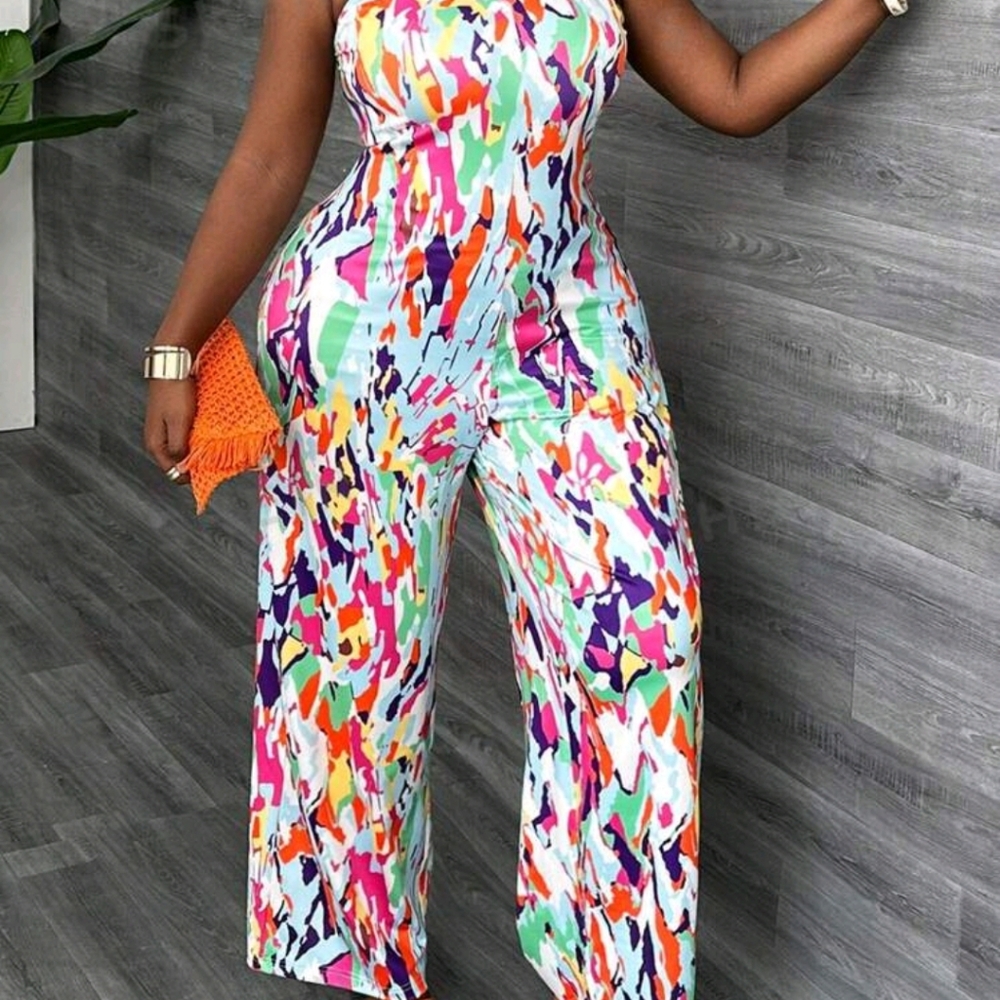 Slayr Plus Size Backless Strapless Casual Vacation Printed Jumpsuit.